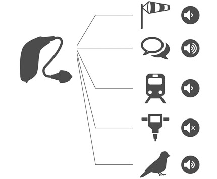 Symbole zeigen ein Hörgerät und verschiedene Arten von Störgeräuschen.