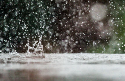 Regentropfen fallen auf den nassen Boden